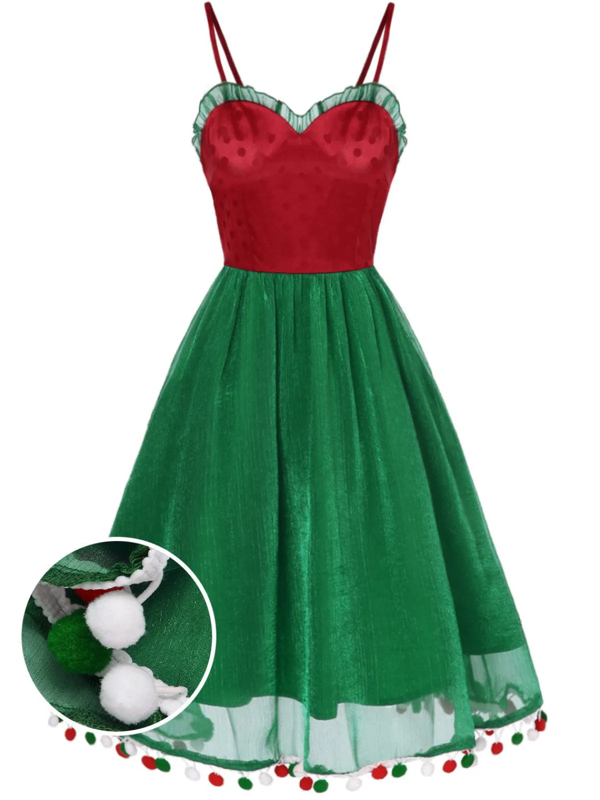 Fashion Retro Stage 1950s Christmas Polka Dot Mesh Dress Red