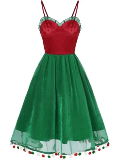 Fashion Retro Stage 1950s Christmas Polka Dot Mesh Dress Red