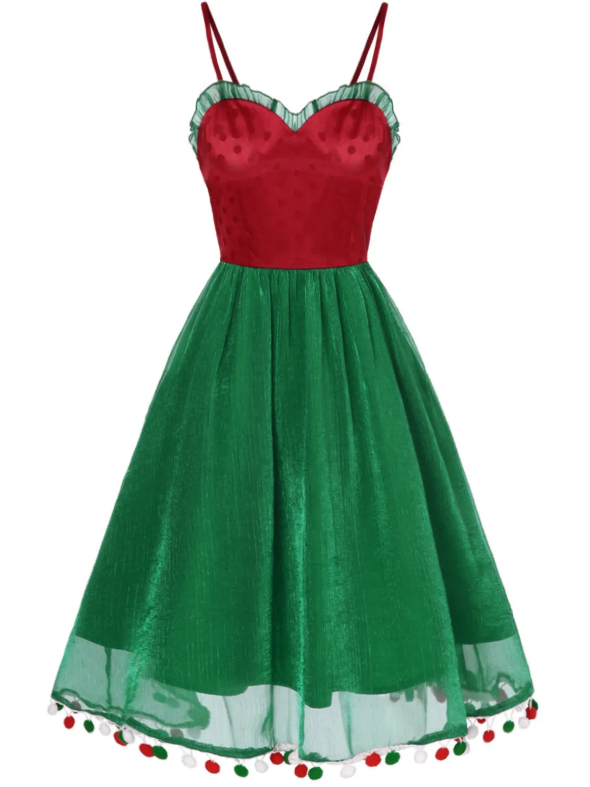 Fashion Retro Stage 1950s Christmas Polka Dot Mesh Dress Red