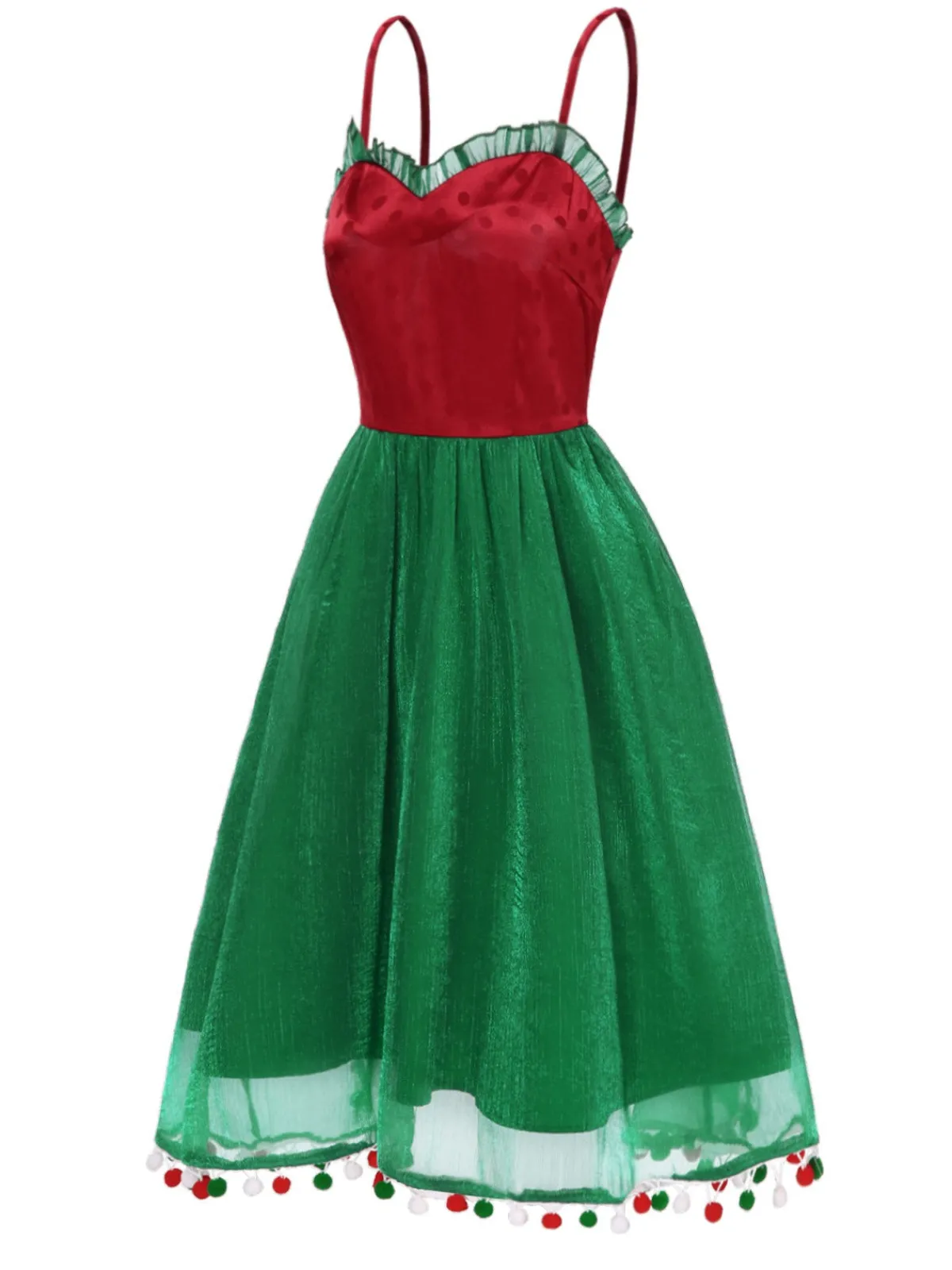 Fashion Retro Stage 1950s Christmas Polka Dot Mesh Dress Red