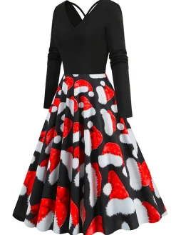 Outlet Retro Stage 1950s Christmas Santa Hat Patchwork Dress Red