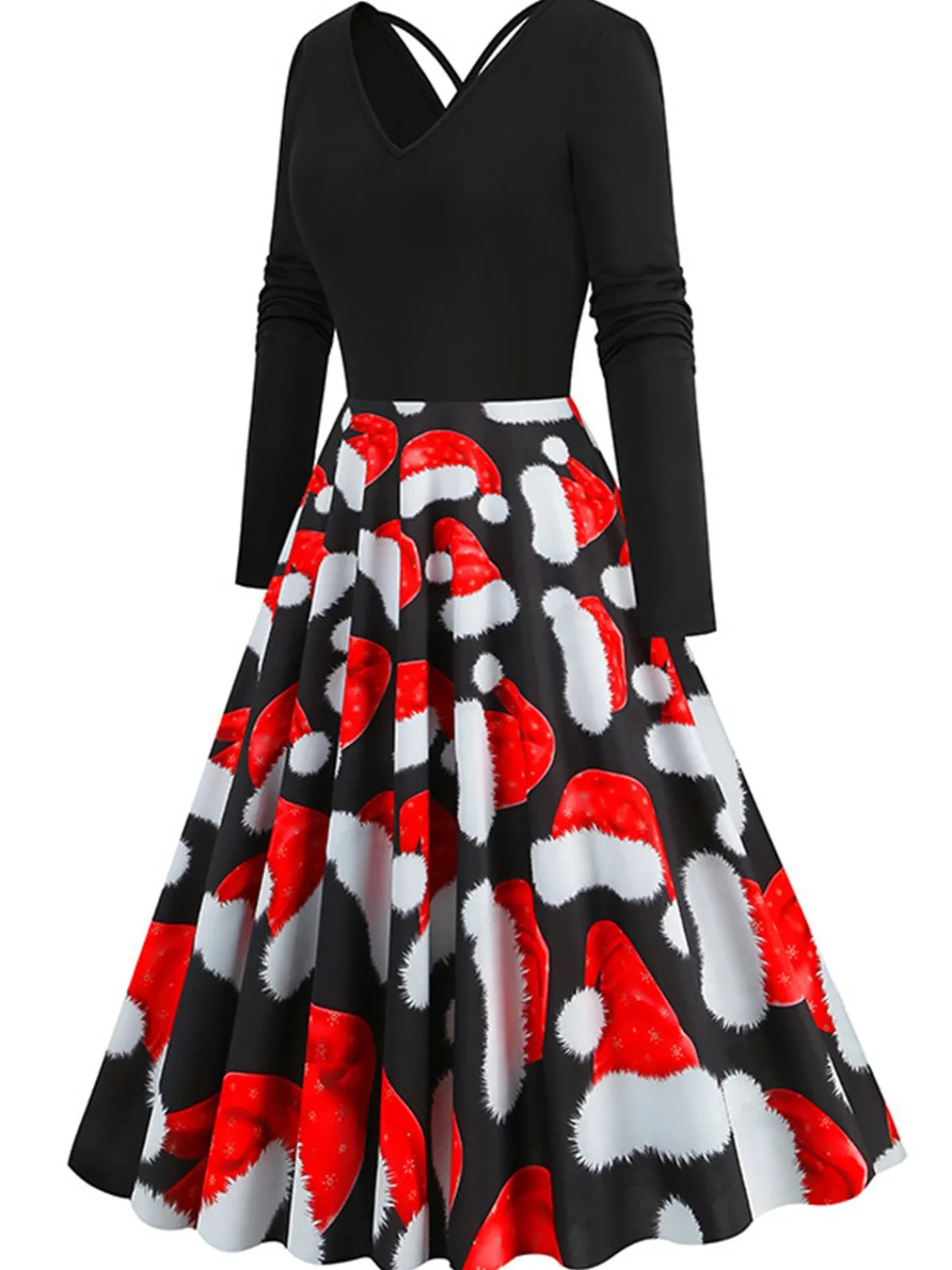 Outlet Retro Stage 1950s Christmas Santa Hat Patchwork Dress Red