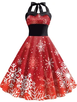 Clearance Retro Stage 1950s Christmas Snowflake Halter Dress Red