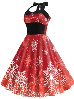 Clearance Retro Stage 1950s Christmas Snowflake Halter Dress Red