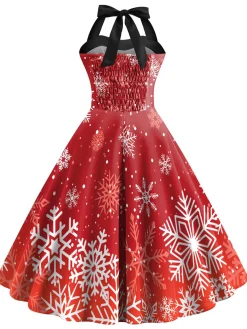 Clearance Retro Stage 1950s Christmas Snowflake Halter Dress Red