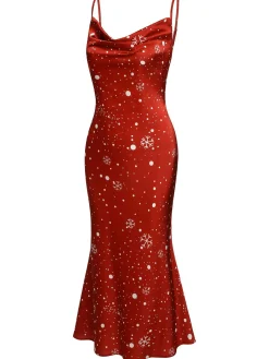 Hot Retro Stage 1930s Christmas Strap Snowflake Mermaid Dress Red