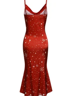 Hot Retro Stage 1930s Christmas Strap Snowflake Mermaid Dress Red