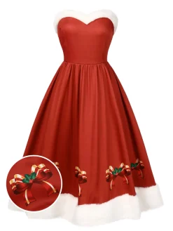 Online Retro Stage Red 1950s Christmas Strapless Bow Fur Trim Dress True Red