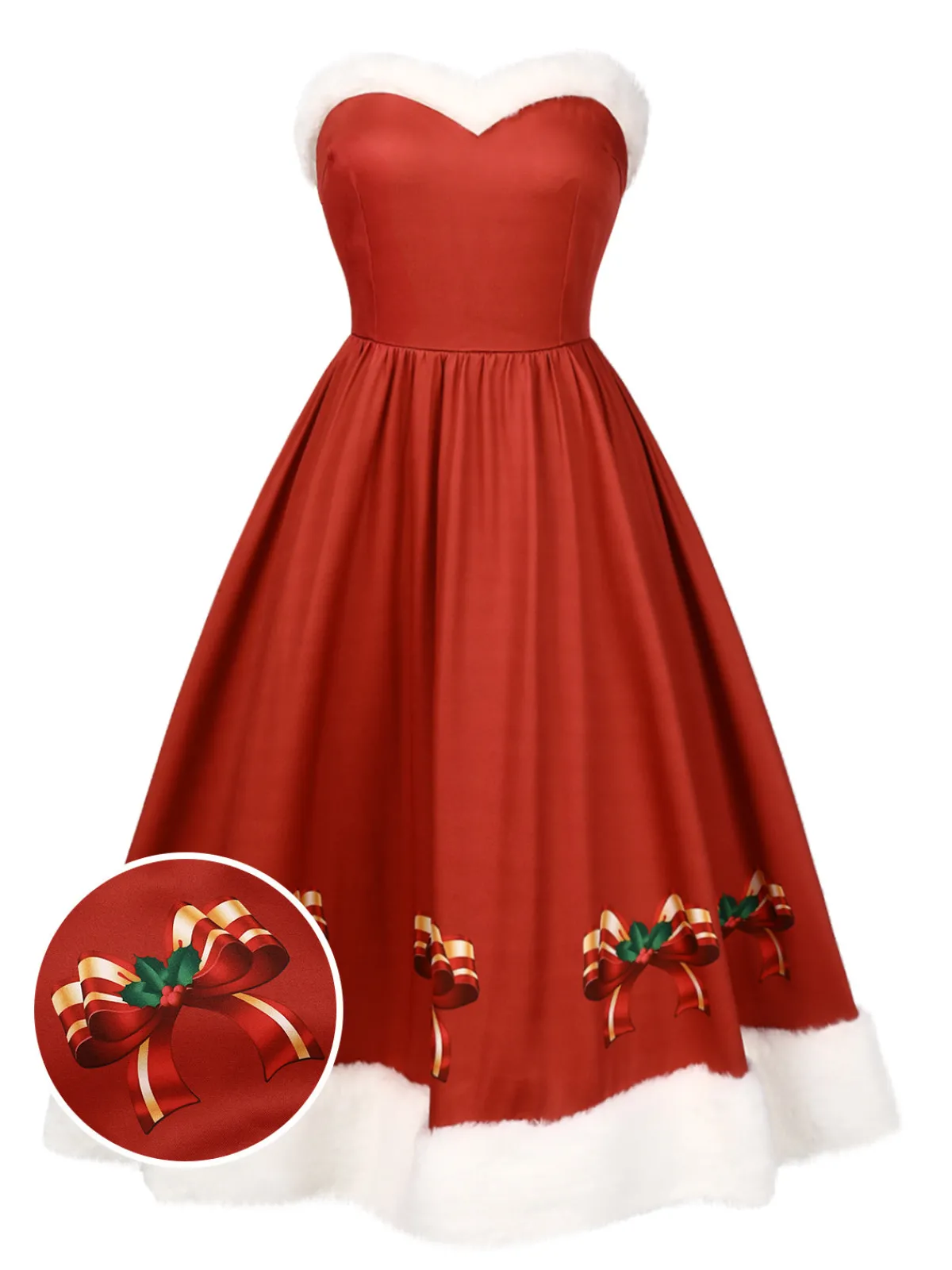 Online Retro Stage Red 1950s Christmas Strapless Bow Fur Trim Dress True Red