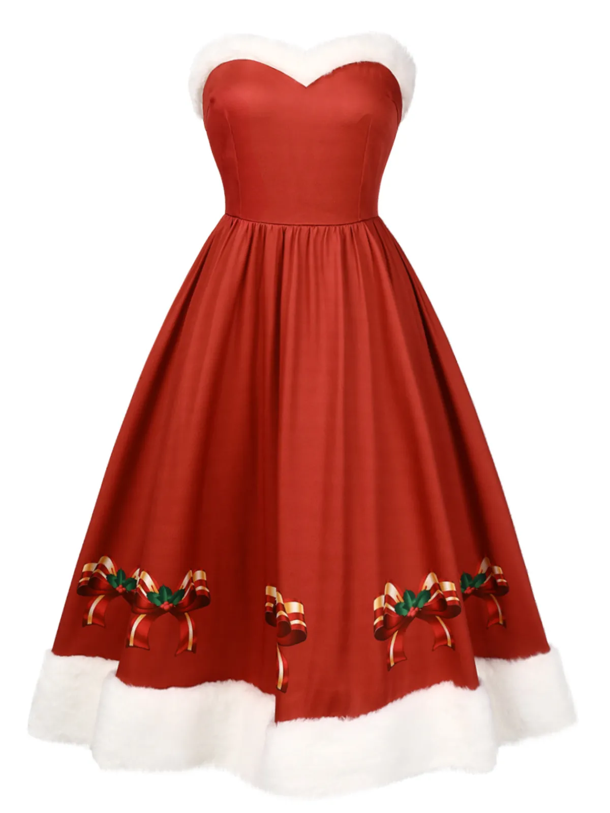 Online Retro Stage Red 1950s Christmas Strapless Bow Fur Trim Dress True Red