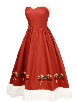 Online Retro Stage Red 1950s Christmas Strapless Bow Fur Trim Dress True Red