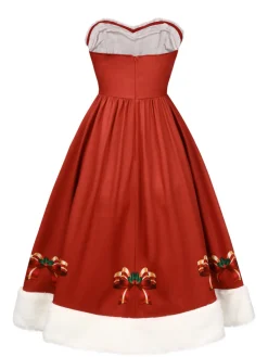 Online Retro Stage Red 1950s Christmas Strapless Bow Fur Trim Dress True Red