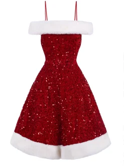 Online Retro Stage 1950s Cold-Shoulder Furry Sequined Dress Red