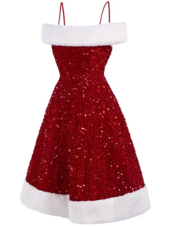 Online Retro Stage 1950s Cold-Shoulder Furry Sequined Dress Red