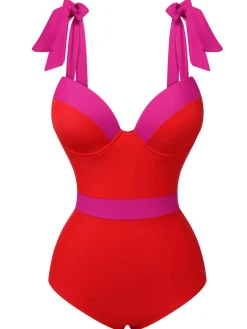 Clearance Retro Stage 1950s Colorblock Shoulder Tie-Up Swimsuit Red
