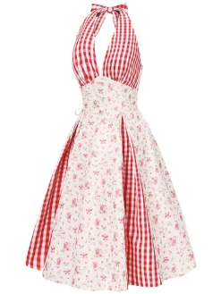 Discount Retro Stage 1950s Countryside Floral Plaid Halter Dress Red