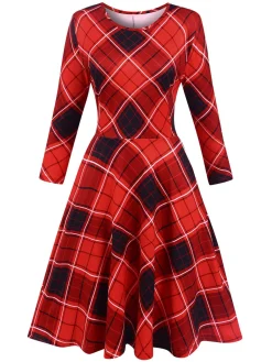 Outlet Retro Stage 1950s Crew Neck Plaid Half Sleeve Dress Red