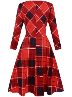 Outlet Retro Stage 1950s Crew Neck Plaid Half Sleeve Dress Red