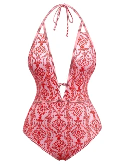 Discount Retro Stage 1970s Deep V-Neck Halter Baroque Prints Swimsuit Red