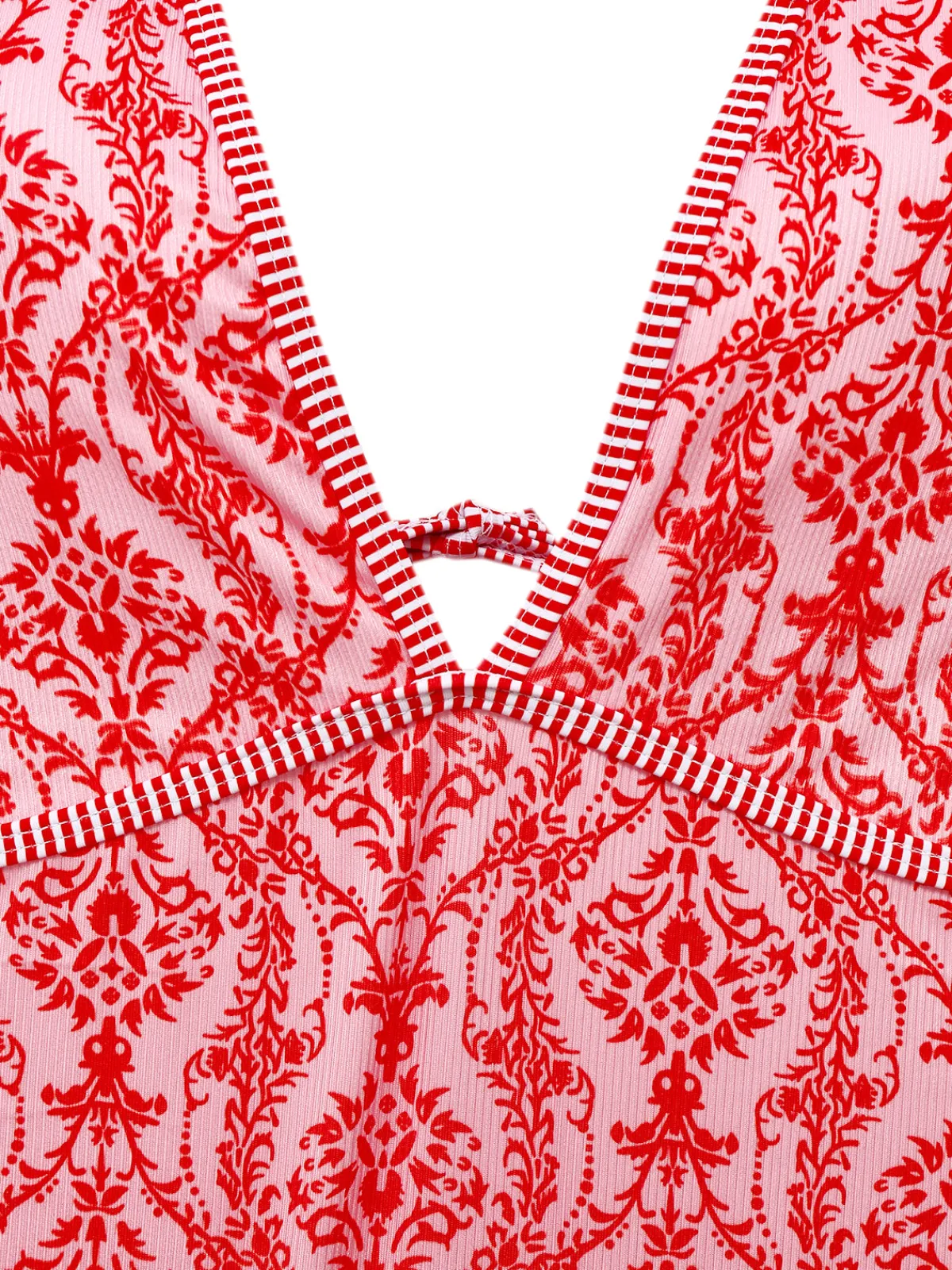 Discount Retro Stage 1970s Deep V-Neck Halter Baroque Prints Swimsuit Red