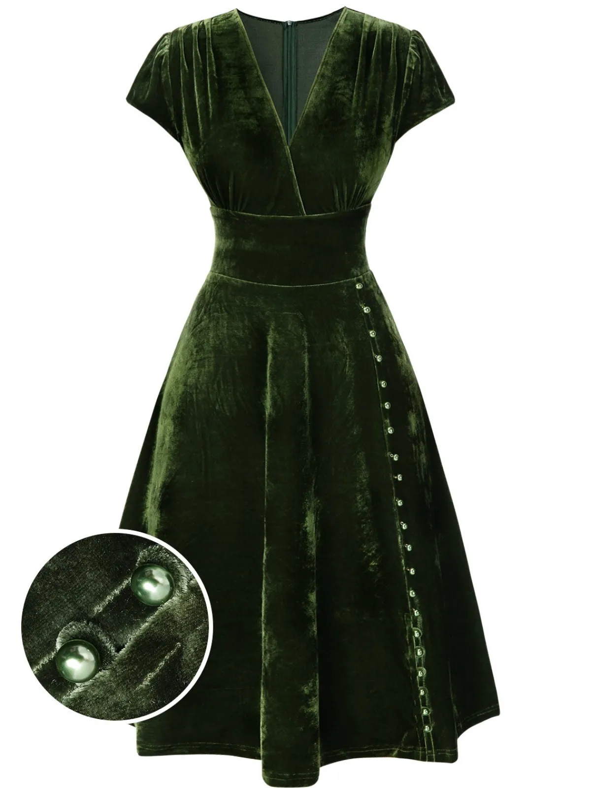Fashion Retro Stage Red 1940s Deep V-Neck Pearl Velvet Dress