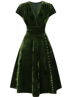 Fashion Retro Stage Red 1940s Deep V-Neck Pearl Velvet Dress
