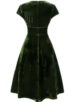 Fashion Retro Stage Red 1940s Deep V-Neck Pearl Velvet Dress