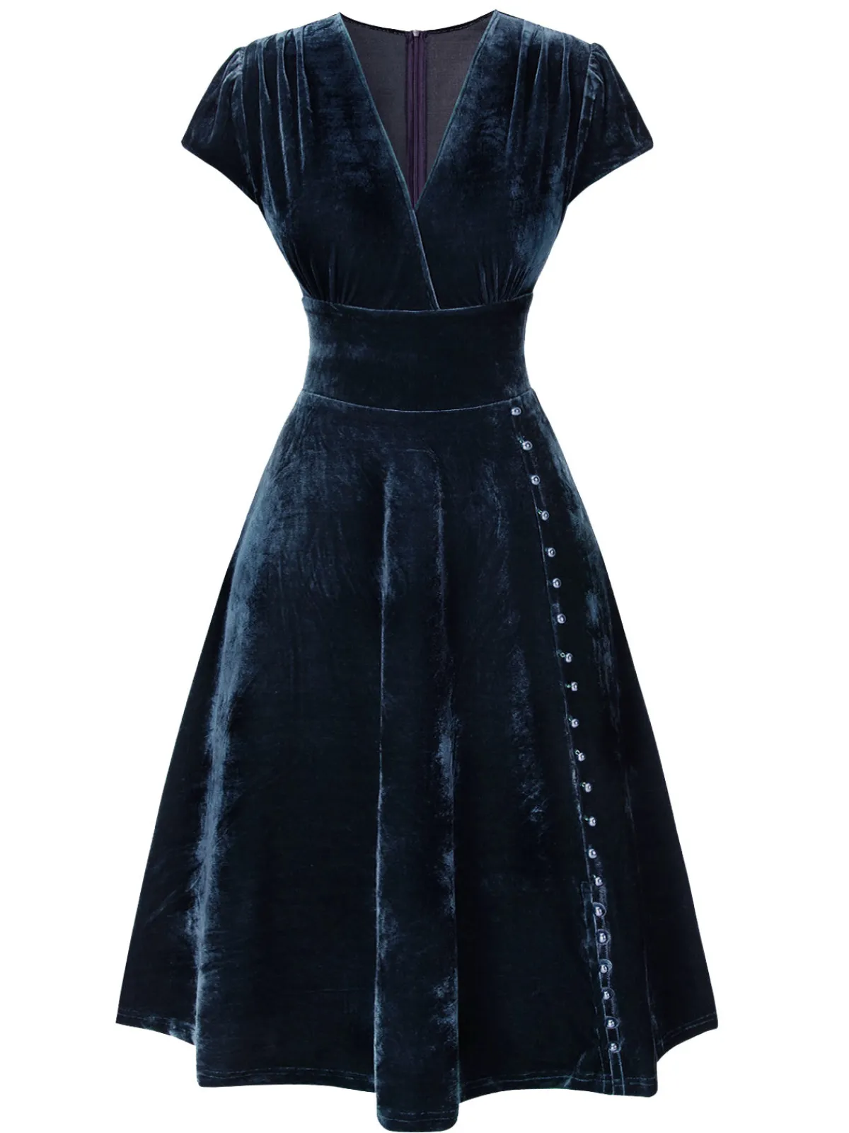 Fashion Retro Stage Red 1940s Deep V-Neck Pearl Velvet Dress