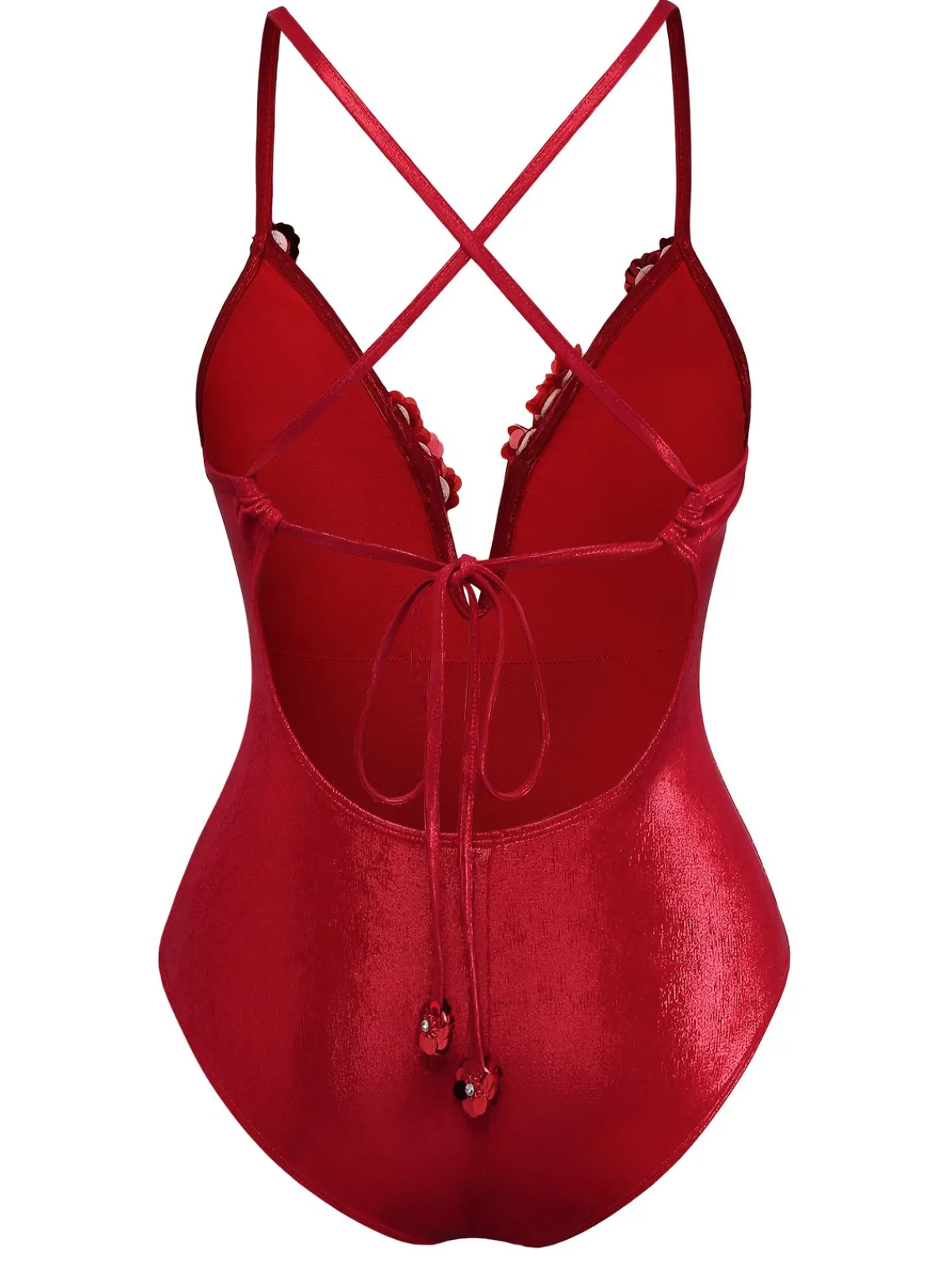 Fashion Retro Stage 1960s Deep-V Glitter 3D Floral One-Piece Swimsuit Red