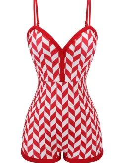 Clearance Retro Stage 1950s Diamond Plaid Heart Collar Swimsuit Red