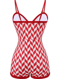 Clearance Retro Stage 1950s Diamond Plaid Heart Collar Swimsuit Red