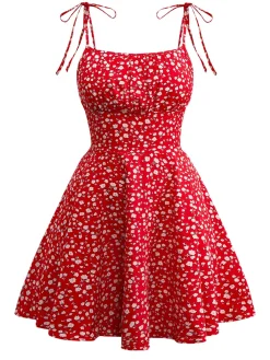 Hot Retro Stage 1960s Ditsy Floral Lace-Up Mini Dress Red