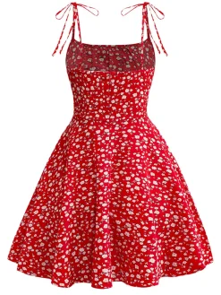 Hot Retro Stage 1960s Ditsy Floral Lace-Up Mini Dress Red