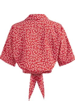 Sale Retro Stage 1950s Ditsy Floral Lapel Bow Top Red