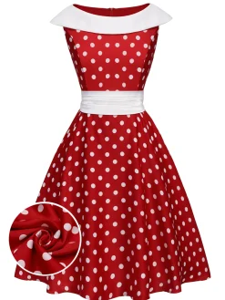Fashion Retro Stage 1950s Dots Patchwork Swing Dress Red