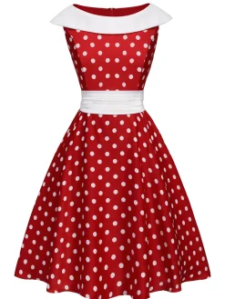 Fashion Retro Stage 1950s Dots Patchwork Swing Dress Red