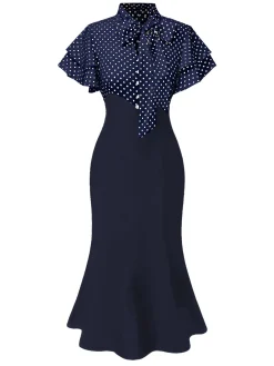 Outlet Retro Stage Red 1930s Dots Tie Neck Mermaid Dress