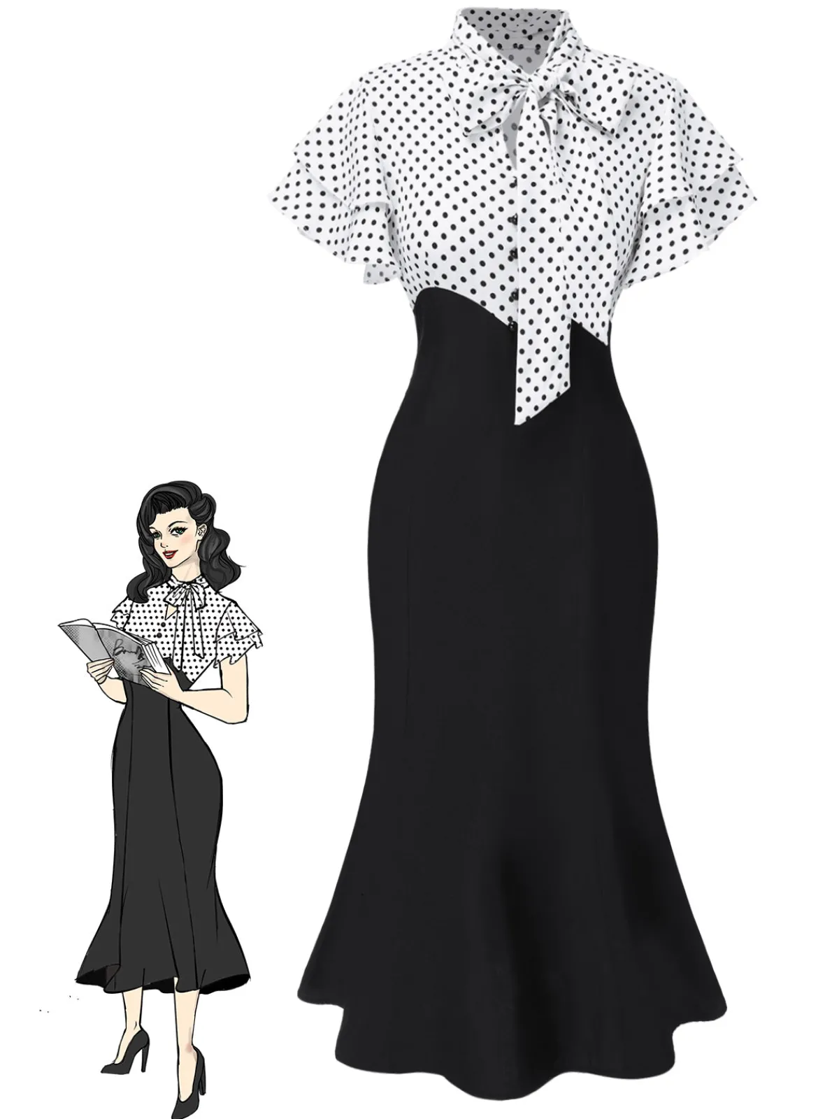 Outlet Retro Stage Red 1930s Dots Tie Neck Mermaid Dress