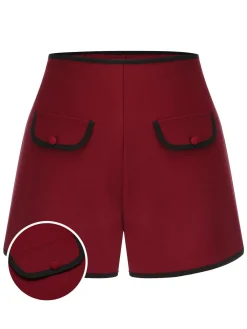 Fashion Retro Stage Red 1950s Elastic Waist Solid Shorts Wine Red