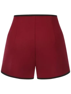 Fashion Retro Stage Red 1950s Elastic Waist Solid Shorts Wine Red