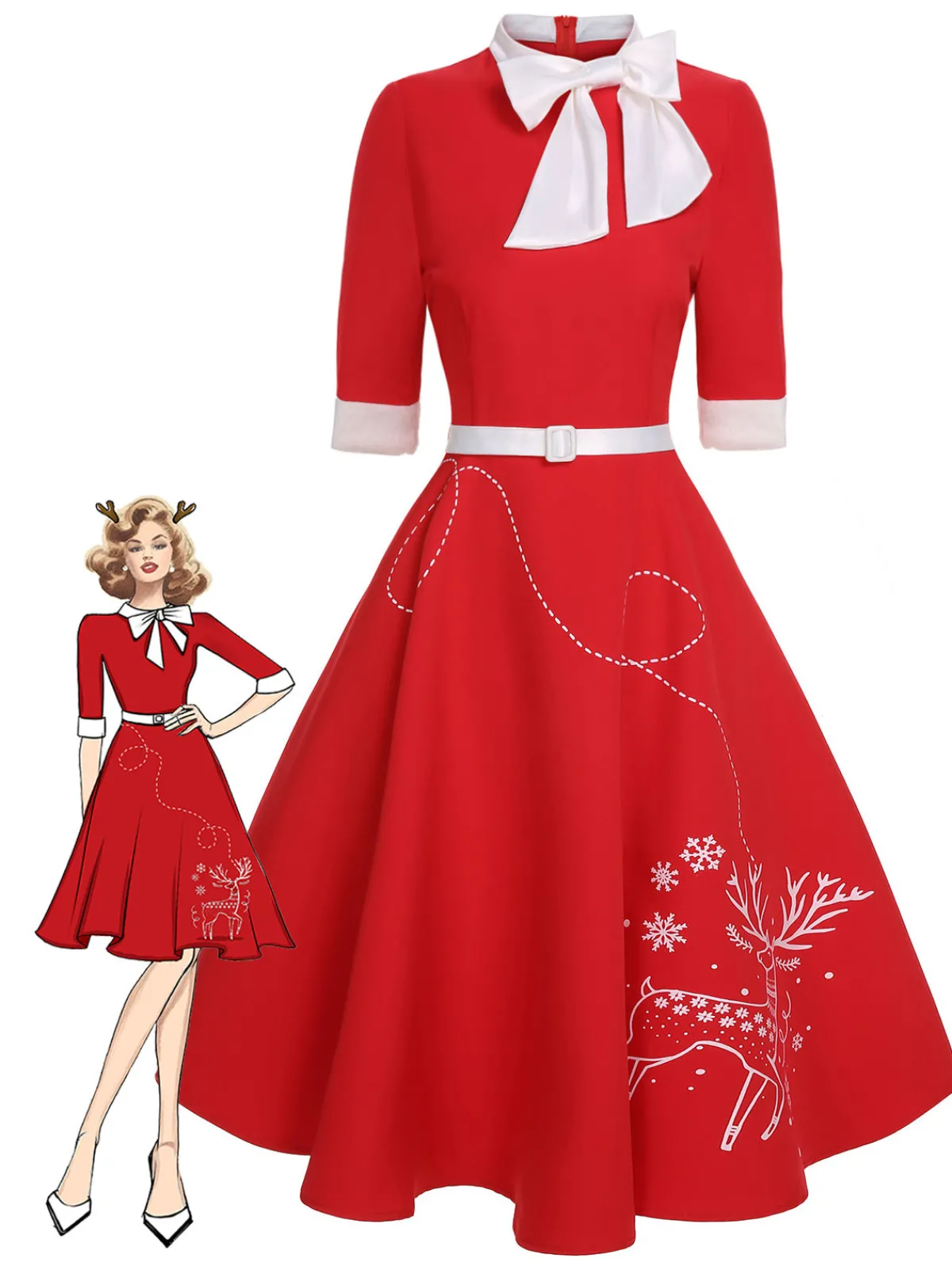 Discount Retro Stage 1950s Elk Bow Patchwork Belt Dress Red