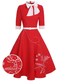 Discount Retro Stage 1950s Elk Bow Patchwork Belt Dress Red