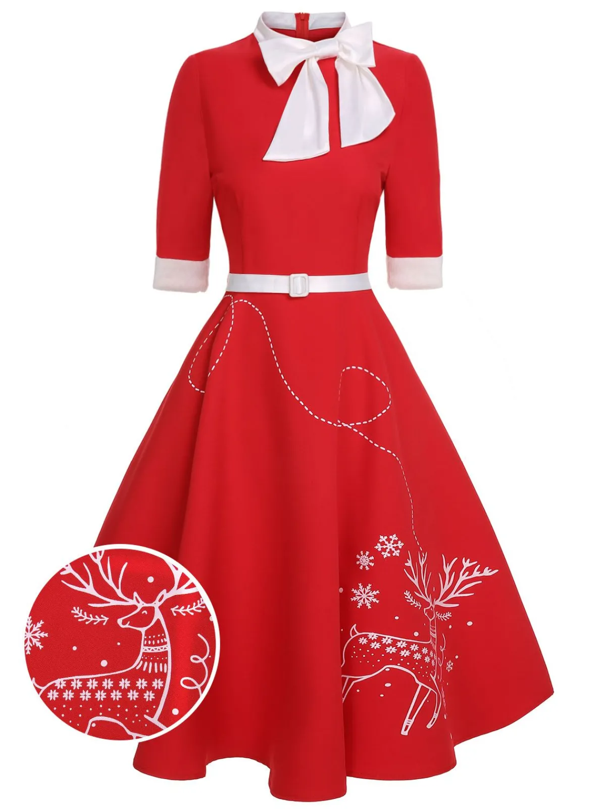 Discount Retro Stage 1950s Elk Bow Patchwork Belt Dress Red