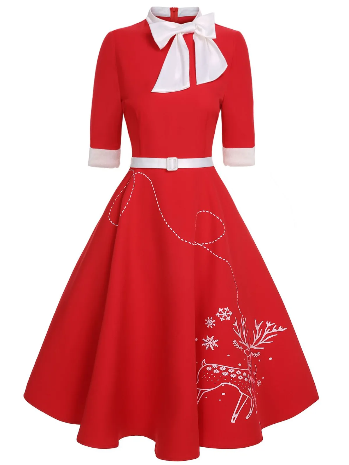 Discount Retro Stage 1950s Elk Bow Patchwork Belt Dress Red