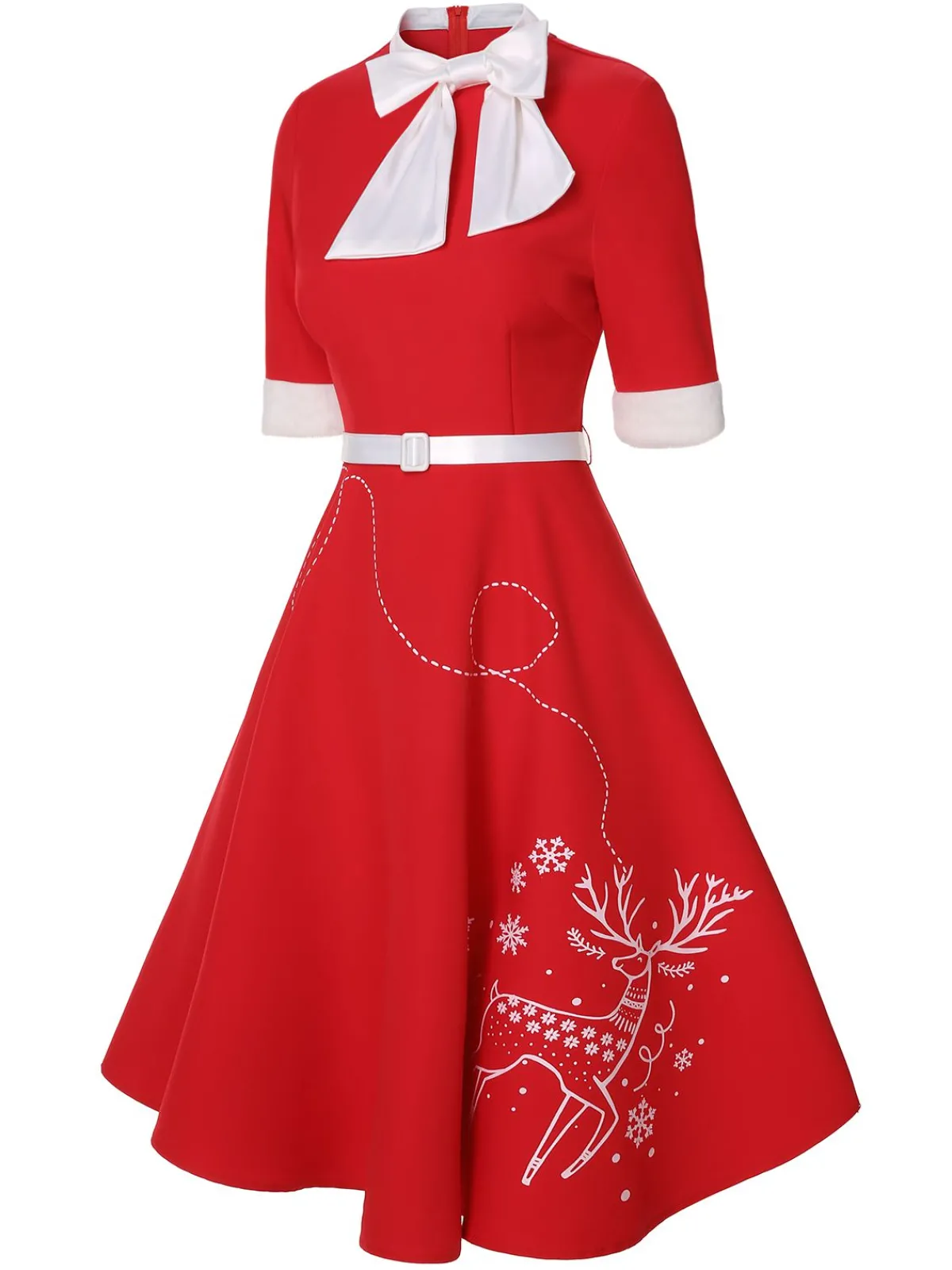 Discount Retro Stage 1950s Elk Bow Patchwork Belt Dress Red