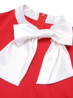 Discount Retro Stage 1950s Elk Bow Patchwork Belt Dress Red