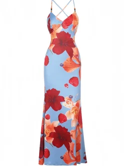 Sale Retro Stage 1930s Floral Backless Slip Maxi Dress Red