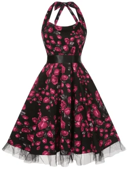 Outlet Retro Stage 1950s Floral Halter Lace Swing Dress Red