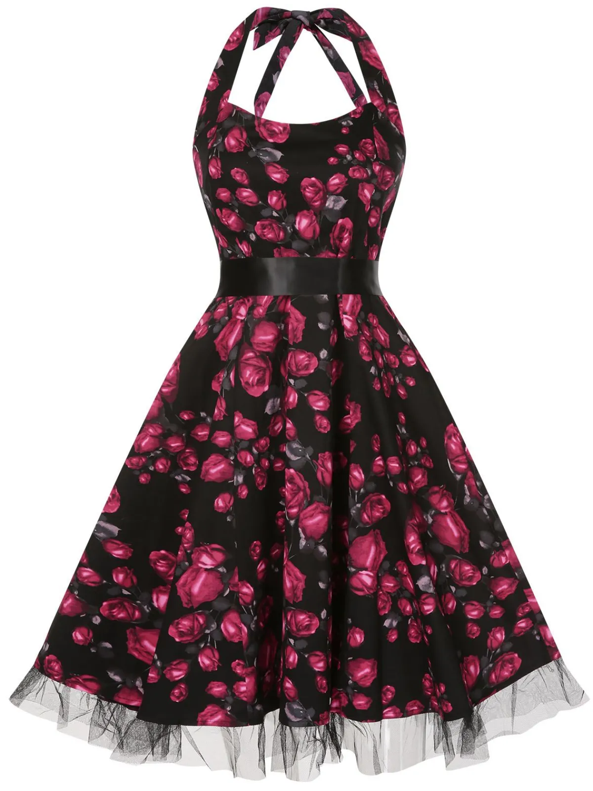 Outlet Retro Stage 1950s Floral Halter Lace Swing Dress Red