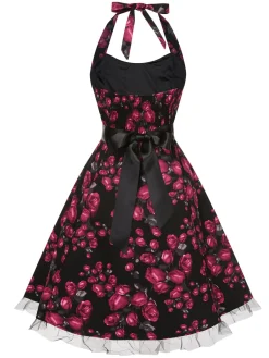 Outlet Retro Stage 1950s Floral Halter Lace Swing Dress Red